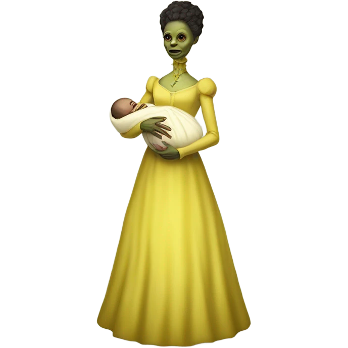  Reptilian alien woman, full body, in victorian jellow elegant dress, holds a newborn white humman baby emoji