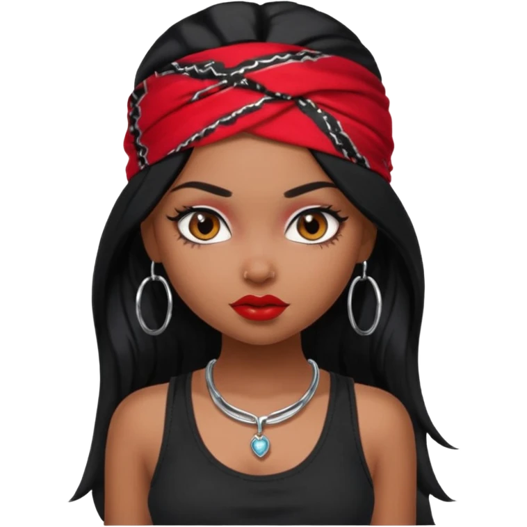 a pretty bratz dusky girl with long black hair, kajal under eyes, small silver hoop. black tank top on. Red bandana on emoji