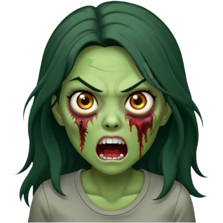 Uma zumbi mulher, verde, do cabelo longo e preto, com uma blusa marrom meio cinza, com uma expressão como se fosse atacar, boca aberta e olhos arregalados emoji