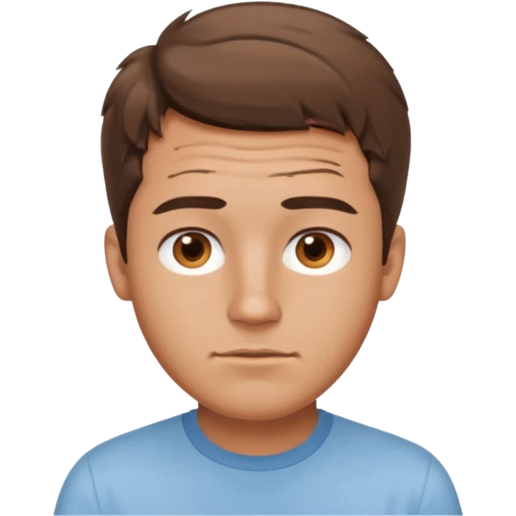 create an emoji of a young man, oval face. No wrinkles. he has an American look, very messy brown hair, brown eyes, very slightly tanned skin, natural lips. he wears a short sleeve light blue shirt emoji