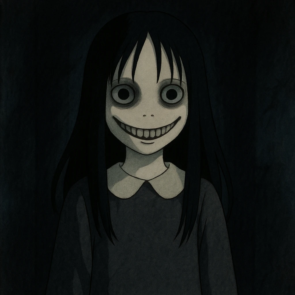 creepy girl, pale skin, long black hair, eerie smile, shadowy background emoji