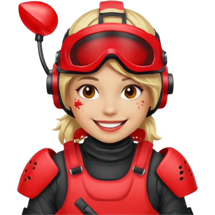 blond girl playing paintball with red paintball face gear emoji