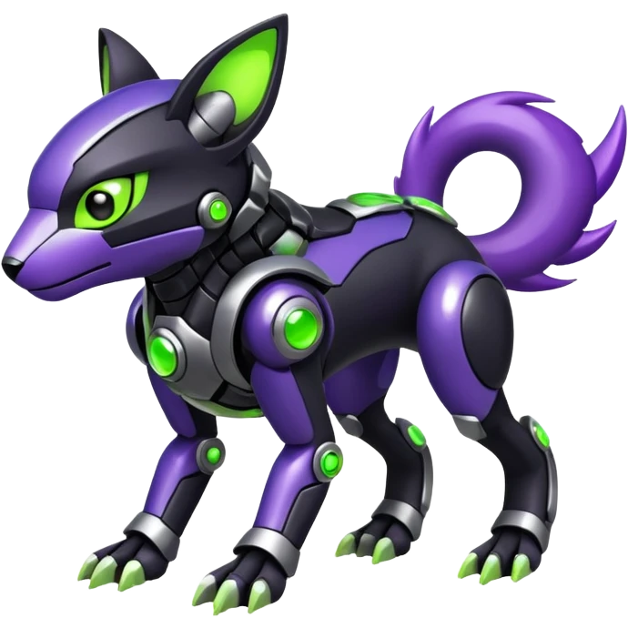 Futuristic modern cyborg badass cool shiny metallic alloy black-obsidian purple neon-green white lime animal hybrid Fakemon full body emoji