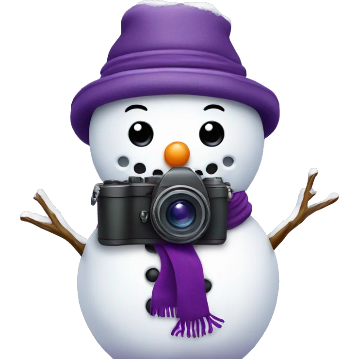 cute snowman with a purple hat and purple scarf holding a camera  emoji