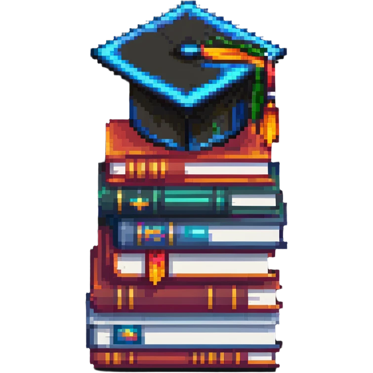 Terraria style pixel art stack of colorful books with a graduation cap on top emoji