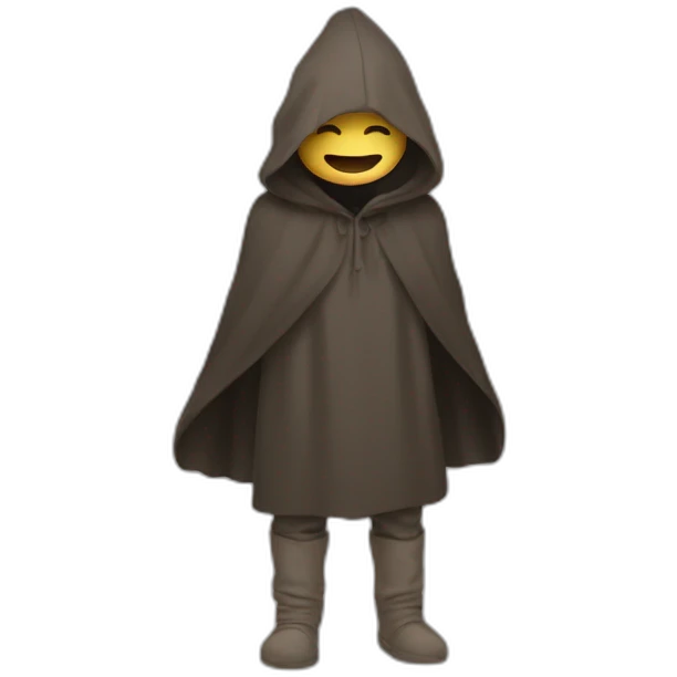 Guy with a hood covering his eyes, smiling and holding his hands together in a large droopy cloak emoji