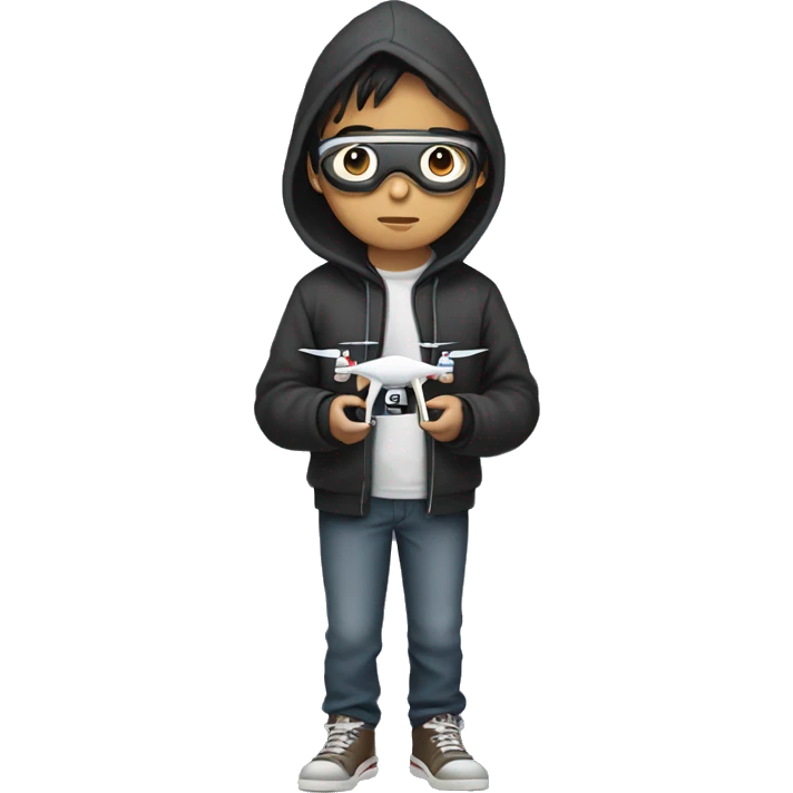 full body, male asian teenager in hoodie standing, holding a drone controller, wearing a goggle emoji