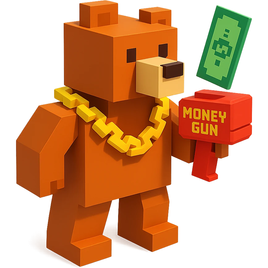 A grizzly bear with a chain and a money gun, voxel style, facing right emoji