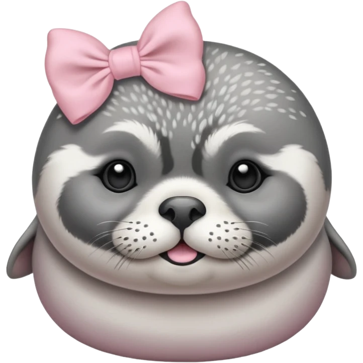 Crea una foca anillada gordita con aspecto tierno, lleva un moño rosado con tonos pasteles emoji