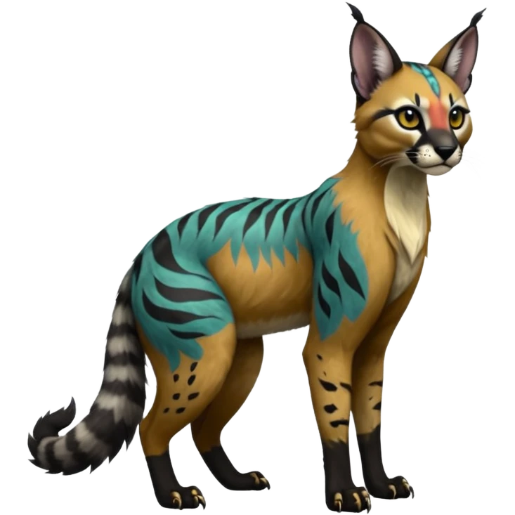 Colorful dark black gloomy spooky pointy foggy smoky points-marked tribal patterned glorious colorful hyper-realistic exotic cute cool beautiful beautiful fantasy-caracal-civet-genet-sergal-vernid-Gryphon-Cacomistle-Trico-oncilla-animal-Fakémon-hybrid-fursona (full body) emoji