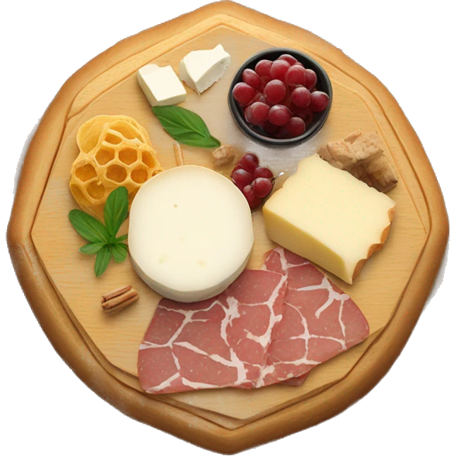 Charcuterie board with brie cheese wheel and honeycomb emoji