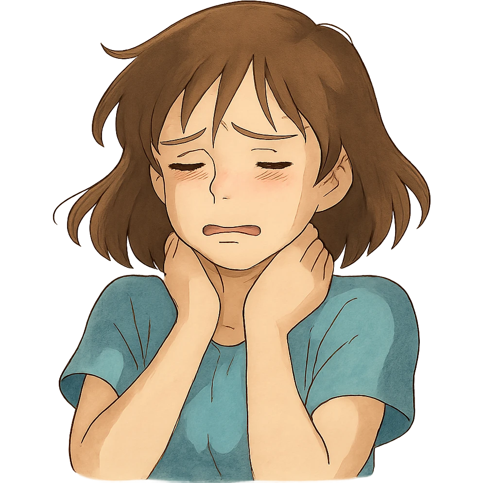ghibli style girl with a pained expression, hands gently at her neck, soft lighting, emotional focus emoji