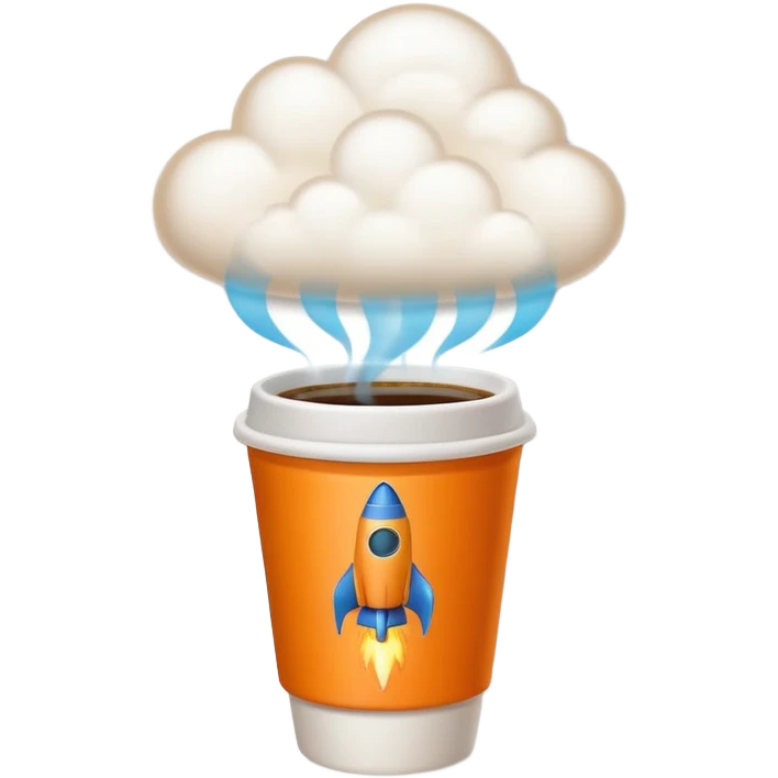 Emoji-style sticker of a takeaway coffee cup with rocket thrusters launching, steam forming a tiny cloud, playful but minimal, bold outline, soft shadows, flat 2.5D, glowing exhaust, transparent background, no text, high-res. emoji