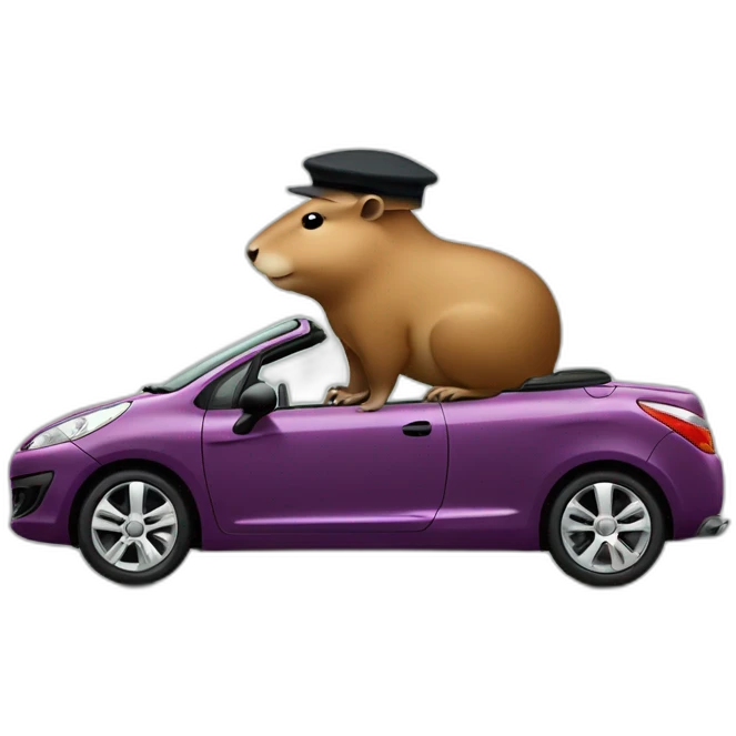 capybara wearing a beret driving a peugeot 207 coupé cabriolet emoji
