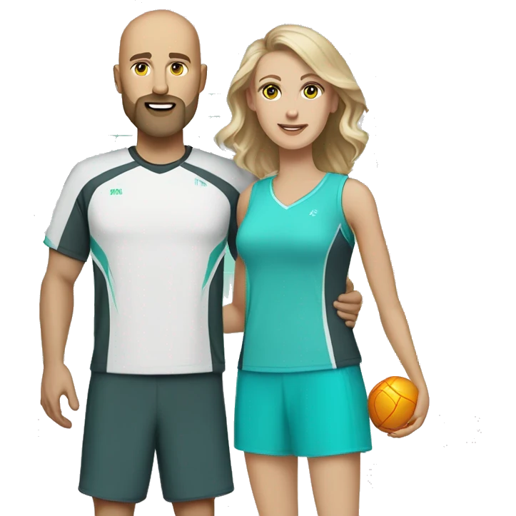 White couple, 35 yro, in pickleball clothes. Male bald= aqua eyes, beard, white, bald, and aqua eyes. Female = long light brown hair, aqua eyes.  emoji