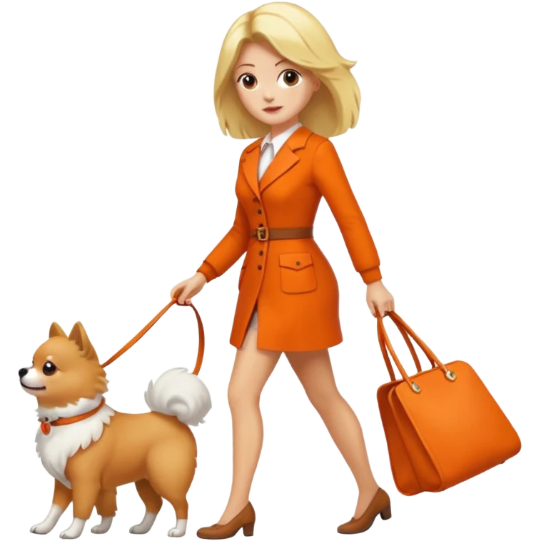 Mujer rubia caminando con una pomerania emoji