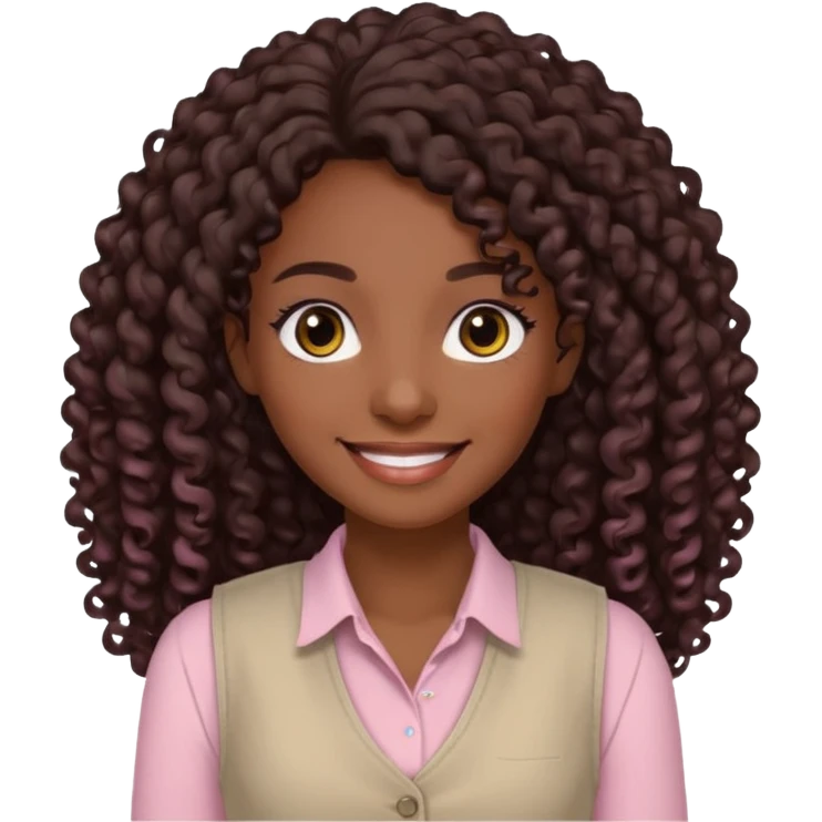 mujer morena, pelo rizado largo, sonriendo, con ojos grandes y marrones con camisa rosa palo y un chaleco blanco emoji