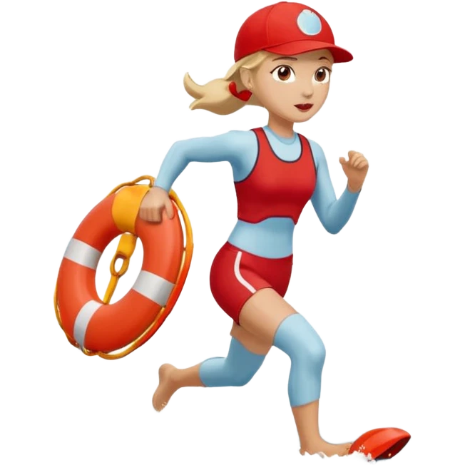 Female lifeguard – red cap, running along shore with rescue buoy emoji