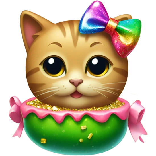 A cat wearing a bow eating a glittery pickle  emoji