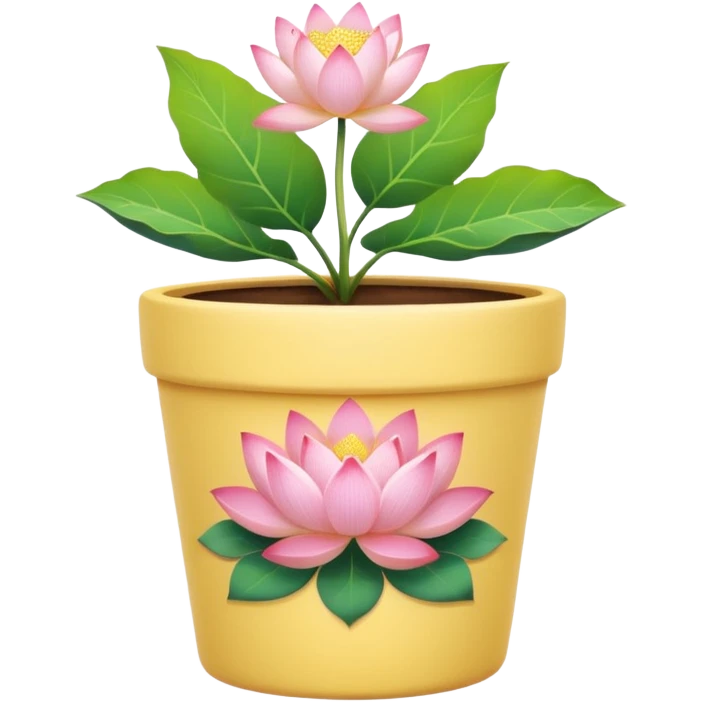 Short, cylindrical ceramic flower pot in pastel yellow, containing a lotus flower plant. emoji