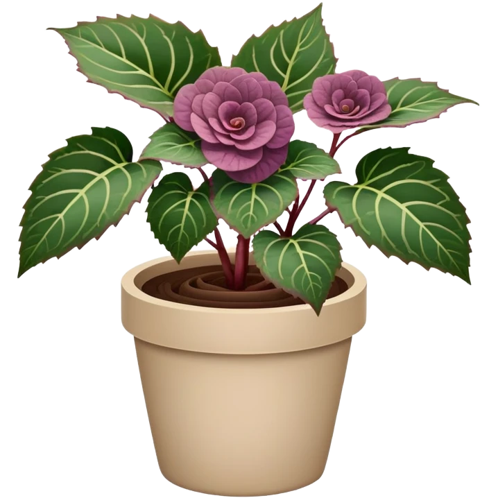 Begonia Rex plant with only greenish-purple spiral patterned leaves in a beige pot, no flowers emoji