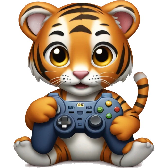 Cartoony baby tiger holding a gmeing controler emoji