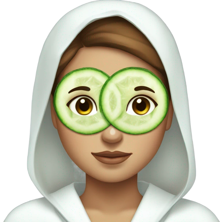 Girl with freackles Brown hair white skin and blue eyes wears Green skin care mask while She relaxes and two round piece cucumber on her closed eyes In a white Robe emoji