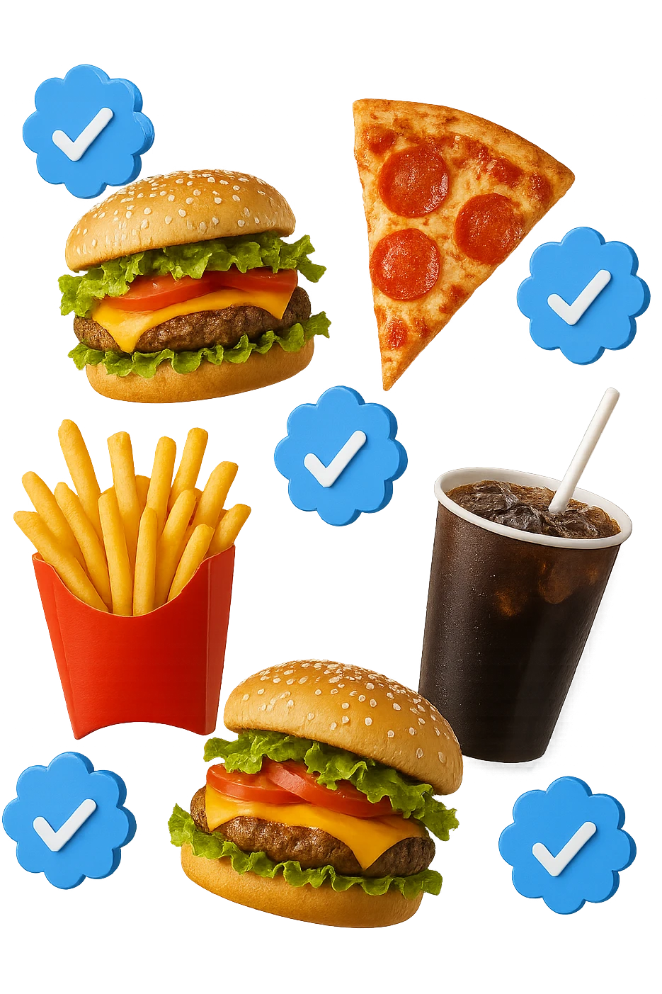 fast food realistico fluttua in aria insieme a spunte di verificato in 3d emoji