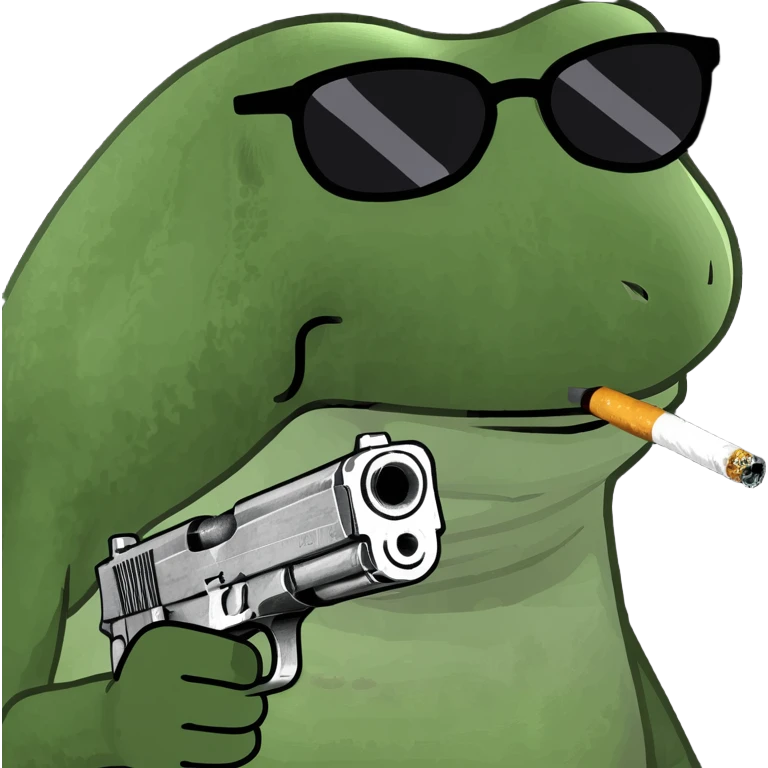 bufo frog meme with a cigarette in his mouth, wearing MLG sunglasses, holding a gun emoji