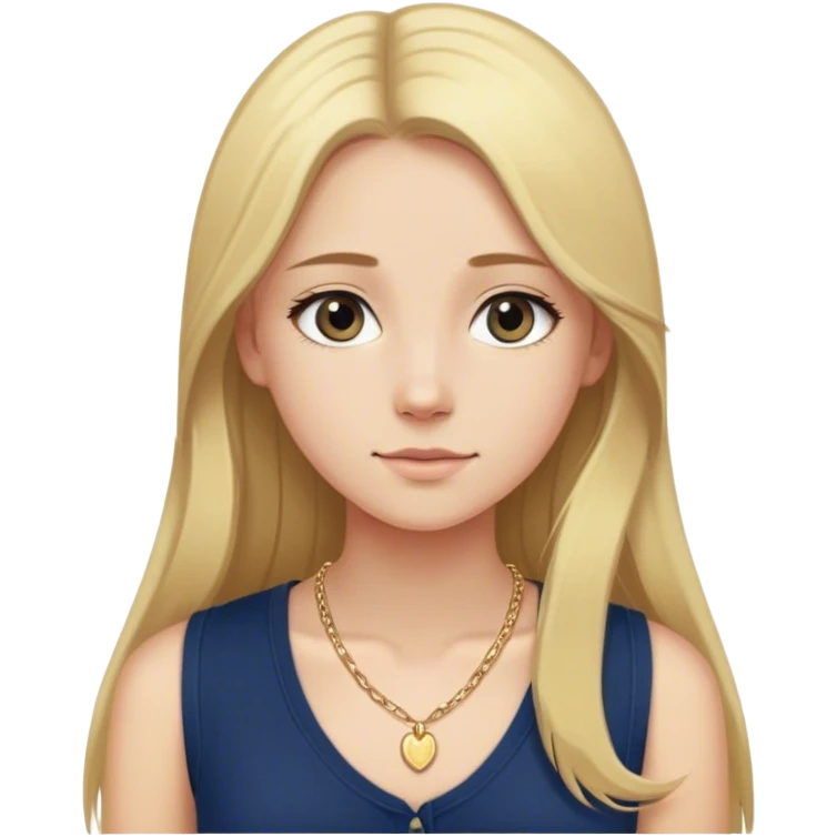 white skinny girl with long blonde hair straightened with a MIDDLE part. She is wearing a sleeveless navy blue Henley shirt with a small dainty girly gold necklace emoji