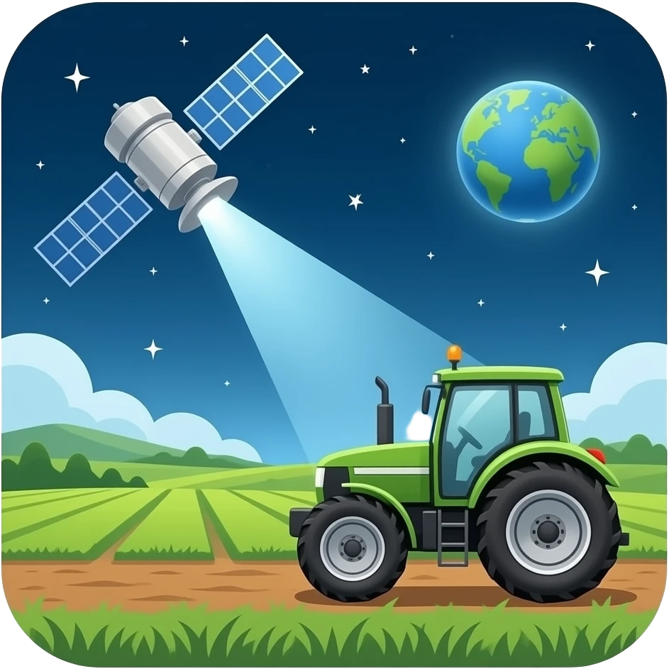Космический фермер: Нарисуй в квадратной рамке спутник в космосе, который посылает луч прямо на трактор в поле. в квадратной рамке рамке emoji
