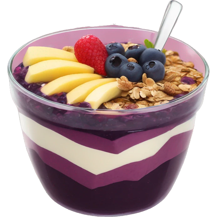 Açaí in a clear cup with layers of fruits and granola and condensed milk emoji