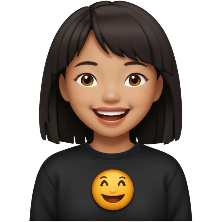 Asian girl in black fringed swearshirt, laughing emoji