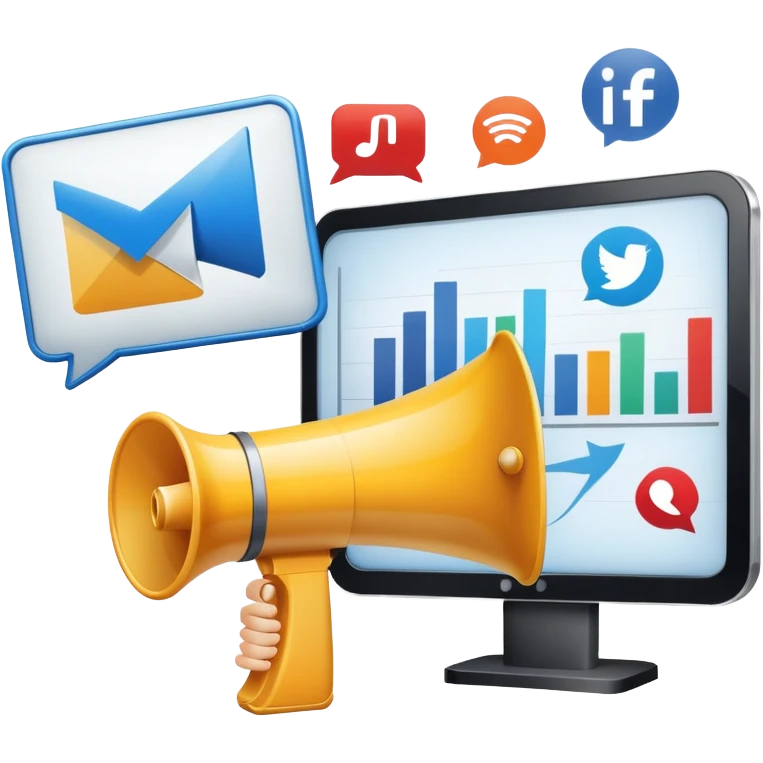An icon featuring a megaphone, a billboard, and social media icons, symbolizing advertising and public relations. The design includes a press release and a rising graph, representing brand promotion and communication strategies. Transparent background highlights media influence and outreach. emoji