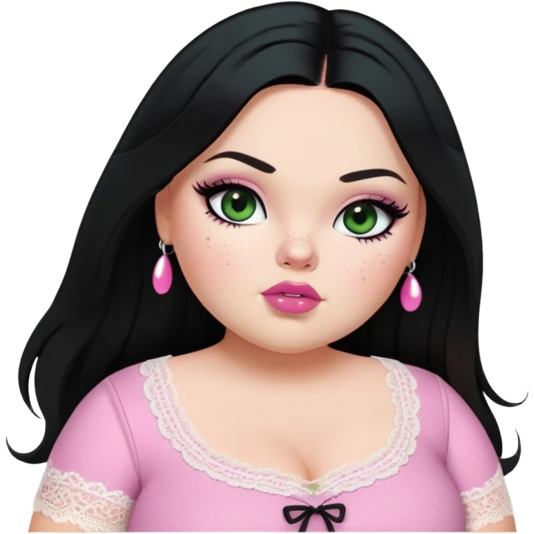 big fat plus size, pretty bratz girl, black straight hair, freckles, dark green eyes, pink lips, black eyeliner, pale skin, cute lace girly clothes emoji