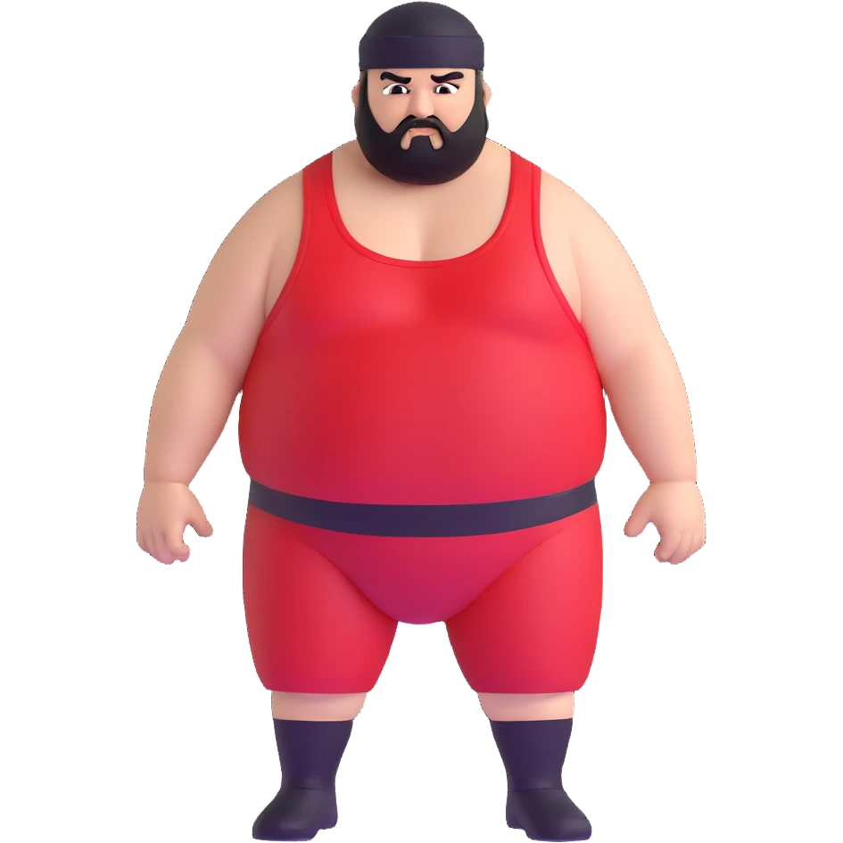 Extreme close-up of face of morbidly obese white skin guy with young face, prominent BLACK DURAG tied clearly on head, distinct black beard and mustache, black eyes in a red and black wrestling singlet with angry expression emoji