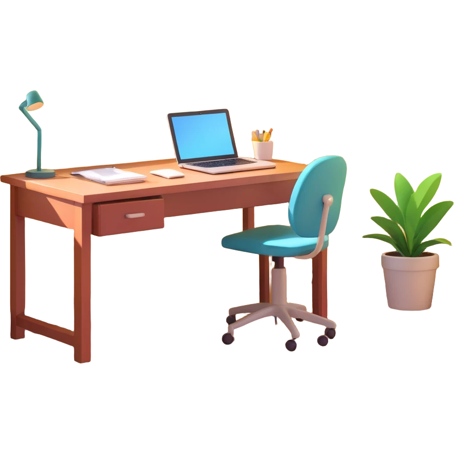 A desk by the window with summer sunshine in the background. On the desk, there is a laptop, a cup of iced coffee, and a small plant. An opened book is also present. emoji