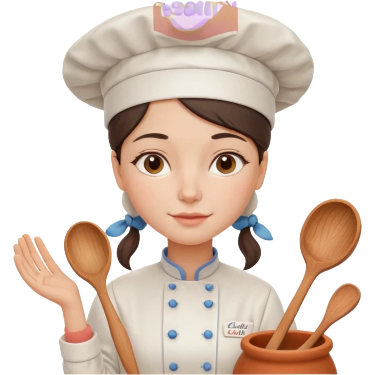 cartoon Apple iOS emoji style woman, pastel colors, Chilean wooden kitchen background, clay pots, warm light, detailed and clean vector art emoji