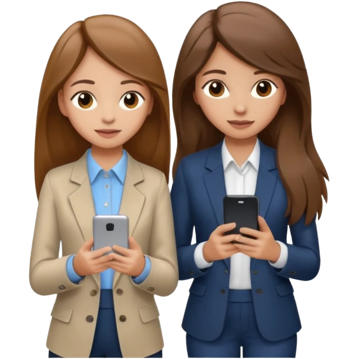 two brown haired girls, looking professional maybe leaned on each others back and looking forward and using phones, with long hair and one girl can hold lap top another one can hold the phone, professional clothes, more stylish emoji