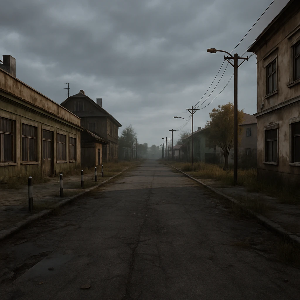a view of the city street in a videogame: DayZ - in the town of berezino [no text contained in the image] emoji