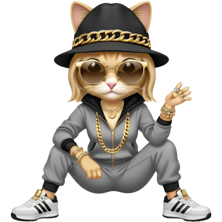 female cat wearing Run DMC hip-hop outfit with tracksuit, fedora, Adidas sneakers, dark sunglasses, many gold chains, rings, bracelets, flashy earrings, fallen down emoji