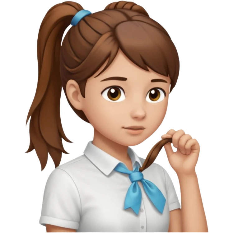 Normal skinned, tiny nosed, brown haired girl with Tying a ponytail emoji