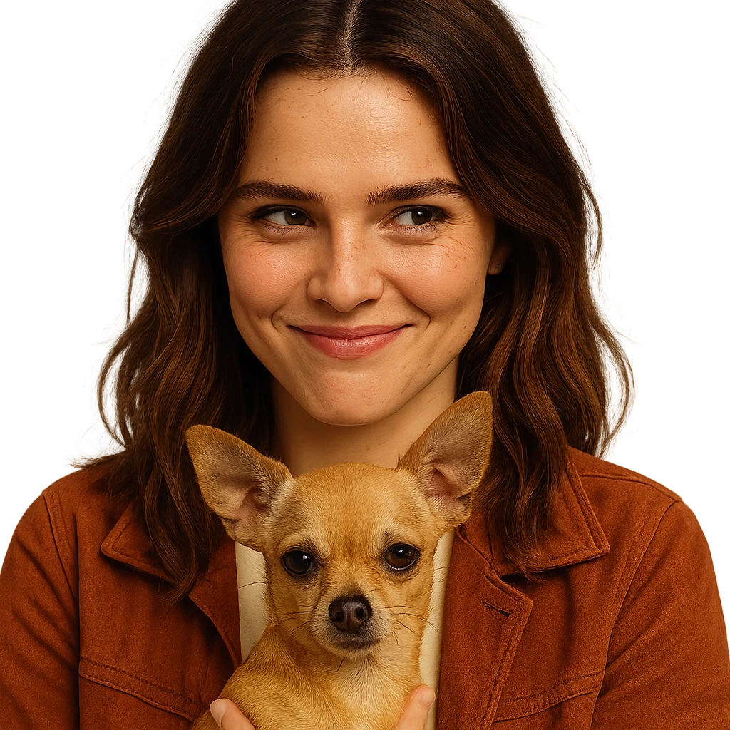 Portrait centered for Instagram profile picture inspired by the facial features visible in the reference images, with a tanned complexion, subtle freckles, shirt color #FFF8CA, rust-colored jacket, medium-length brown hair with auburn highlights, expression mischievous and mocking, holding a beige-brown chihuahua, Netflix series style, transparent background, intimate Tenerife ambiance. emoji