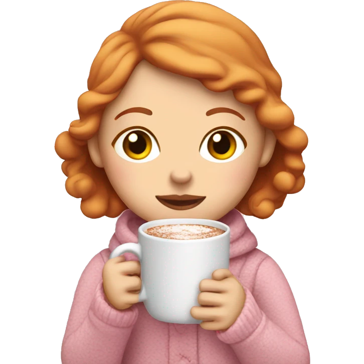 A ginger girl drinking hot chocolate cozy in baby pink emoji