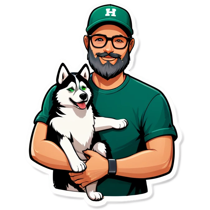 A bold man with a grey baseball cap, green eyes, big beard and glasses hugging a husky emoji