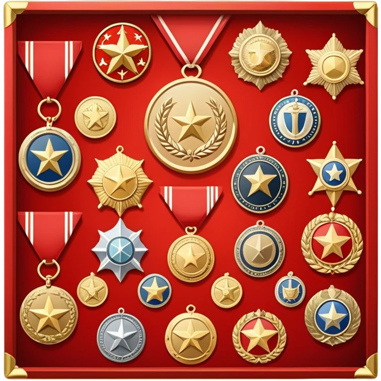 Icon for Collecting Orders, Medals & Badges: a variety of vintage orders, medals and badges, displayed neatly on a big red pennant or in a display case. The icon should reflect the honor and historical significance of these collectible items. Transparent background. emoji