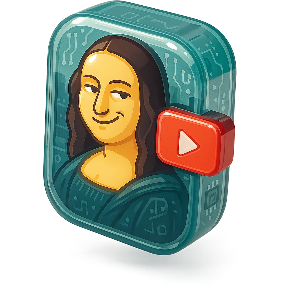 Mona Lisa with a playful sarcastic grin, red YouTube play button, glossy circuit style emoji
