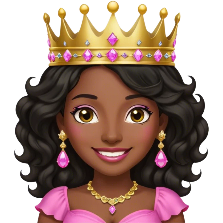 Crown dark black women smiling with really longer lightly WAVY hair pink dress pink crown facing forward black hair middle age adult woman gold gems in crown gold earrings  one woman smiling wink head only emoji