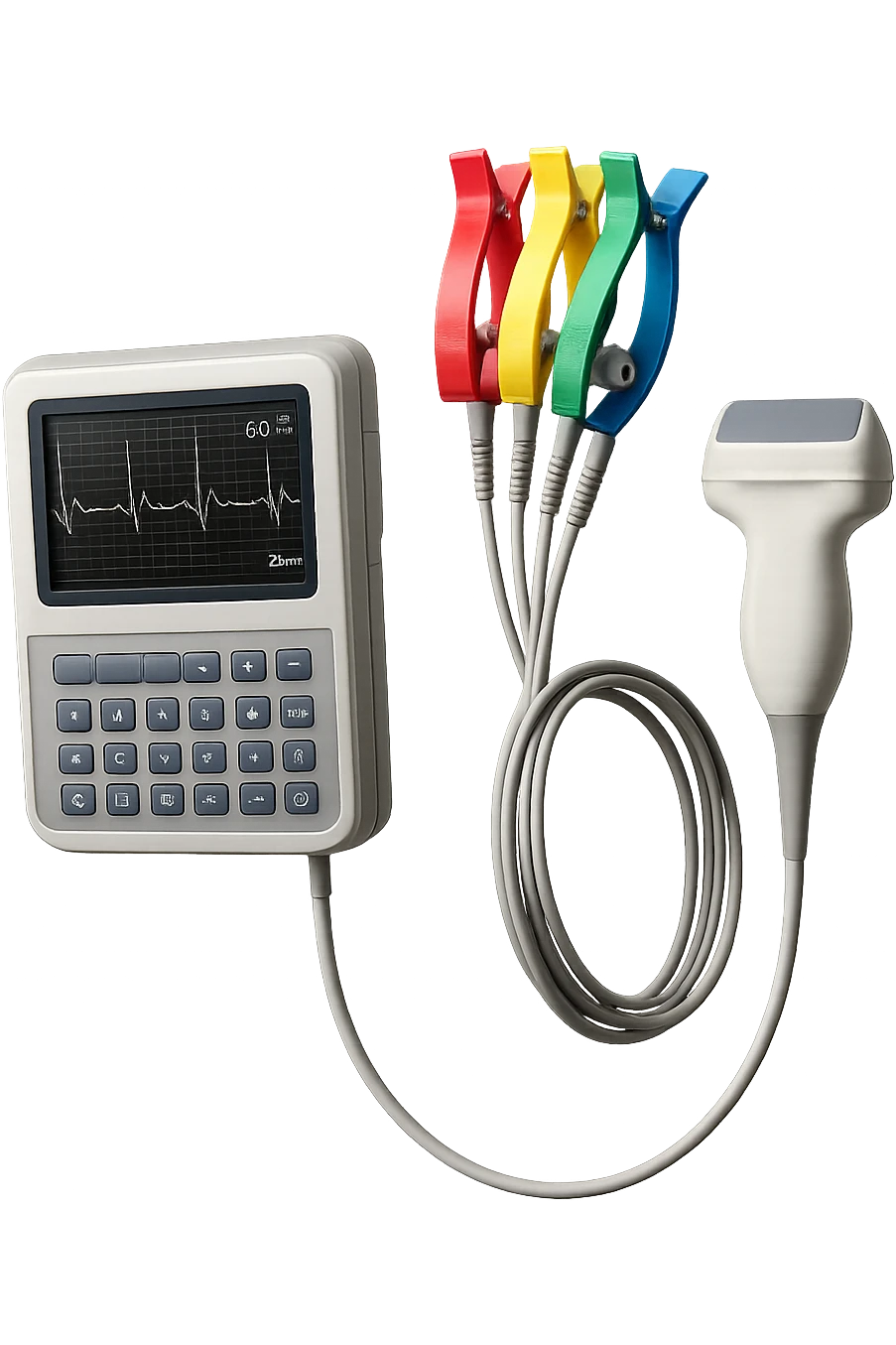STRUMENTI MEDICI PER FARE ECG e ecocardio FLUTTUANO IN ARIA, iperrealistico 4k, isolato su sfondo bianco emoji