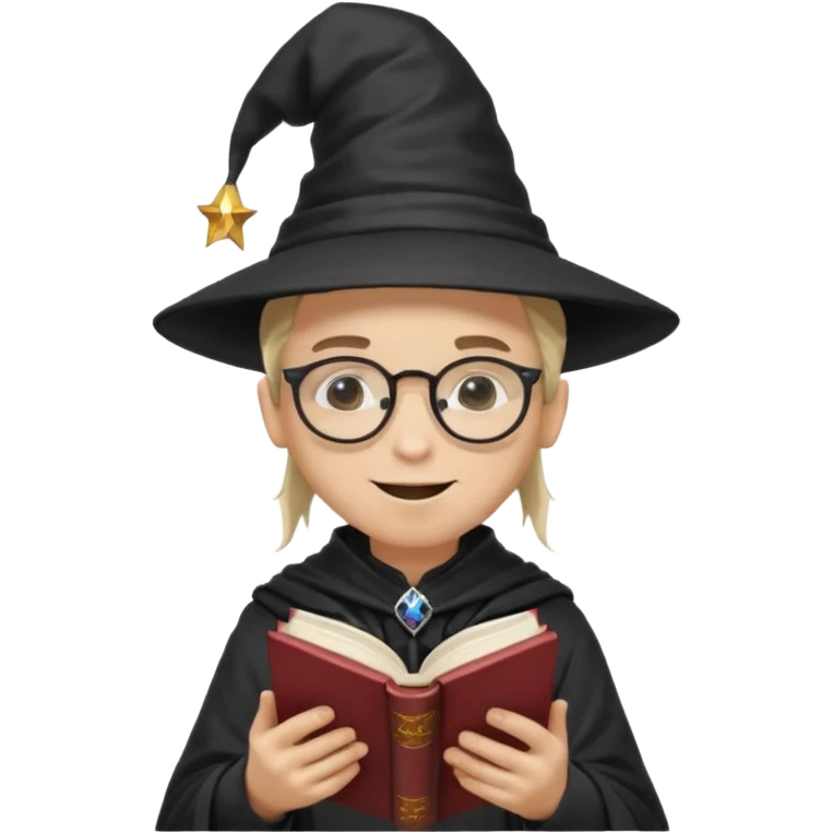 ["A happy boy with light skin, ponytail, wearing a wizard hat and square glasses, dressed in goth fashion, is reading a book while holding a phone."] emoji